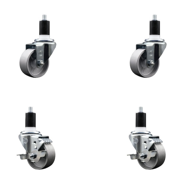 3'' Semi Steel Wheel Swivel 1-1/2'' Expanding Stem Caster Set 2 Brakes, 4PK